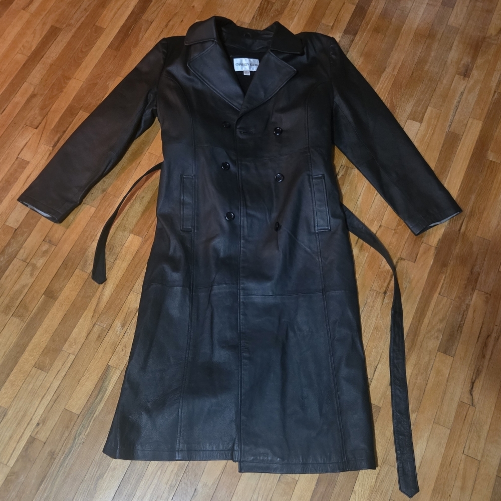 Vintage Charles Klein Black Leather Insulated Duster Trench Coat Jacket Sz XLarg